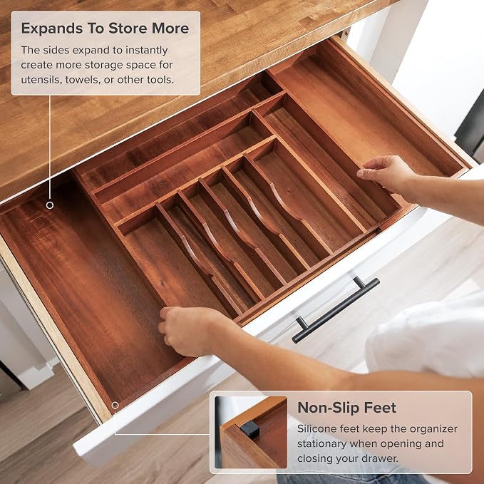 KitchenEdge Silverware & Utensil Drawer Organizer, 18-33 in, Acacia | Cutlery, flatware, food-safe contract grade, kitchen drawer fit