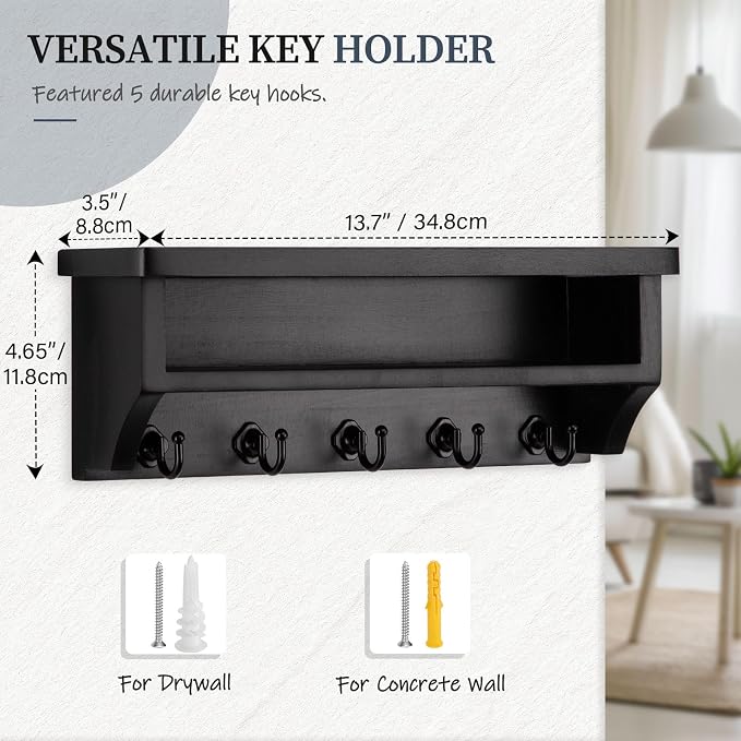 Nekon Key Holder Wall Mount, Wall Organizer Shelf with 5 Key Hooks, Room Decor for Home and Apartment Essentials, Black