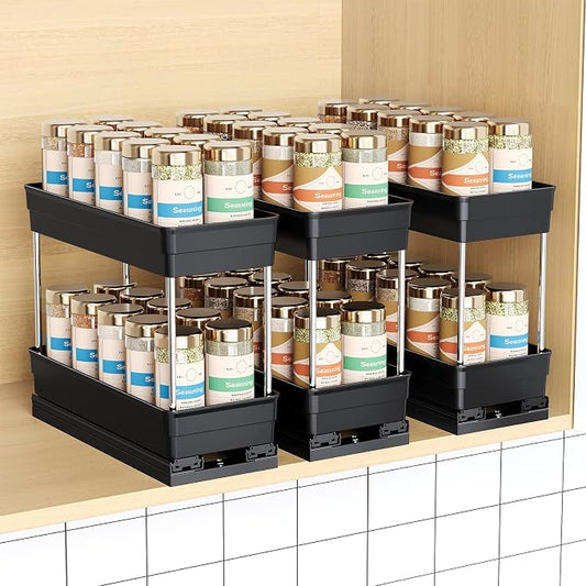 Pull Out Spice Rack Organizer for Cabinet, 3 Pack 2 Tier Sliding Spice Rack | Dual Rail, Slide Out Seasoning Organizer for Kitchen Cabinets, No Drill Installation, Space Saving Cabinet Storage Organizer