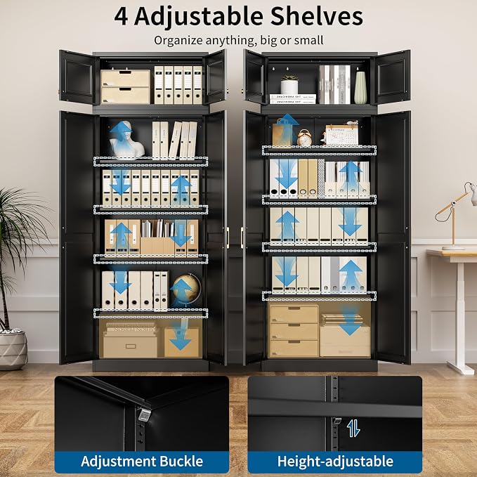 86" Tall Black Metal Storage Cabinet with Doors (2 Boxes) | Freestanding Heavy Duty Steel Kitchen Pantry Cabinet, 4 Adjustable Shelves, Extra Large Cupboard for Home, Office and Garage