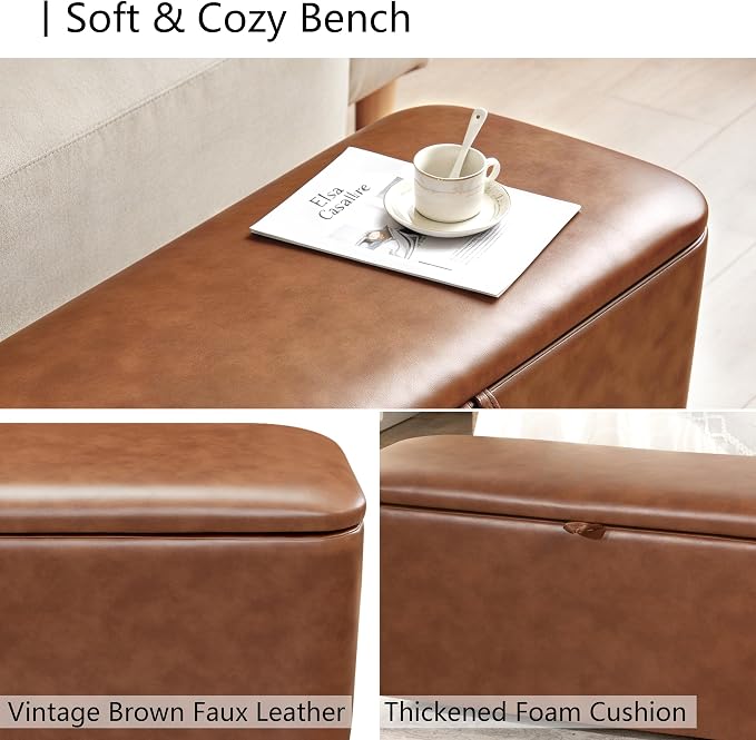 Homebeez 40 inch Storage Ottoman Bench, Faux Leather Upholstered Foot Rest Stool for Bedroom, End of Bed Bench for Living Room, Entryway (Vintage Brown)