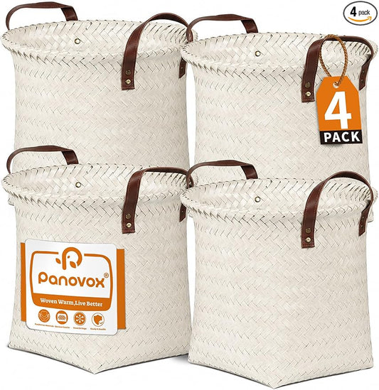 Wicker Storage Baskets, 4 Pack Woven Baskets for Shelves, White | PP Rattan, Water-resistant Wicker Basket, Large Baskets with Faux Leather Handles for Blanket, Laundry Organizer, Room Decor