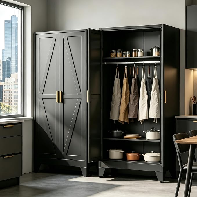 71" H Black Pantry Cabinet,Metal Storage Cabinets with Doors and Shelves,Tall Food Kitchen Cabinets,Farmhouse Kitchen Cabinet,Freestanding Cabinet