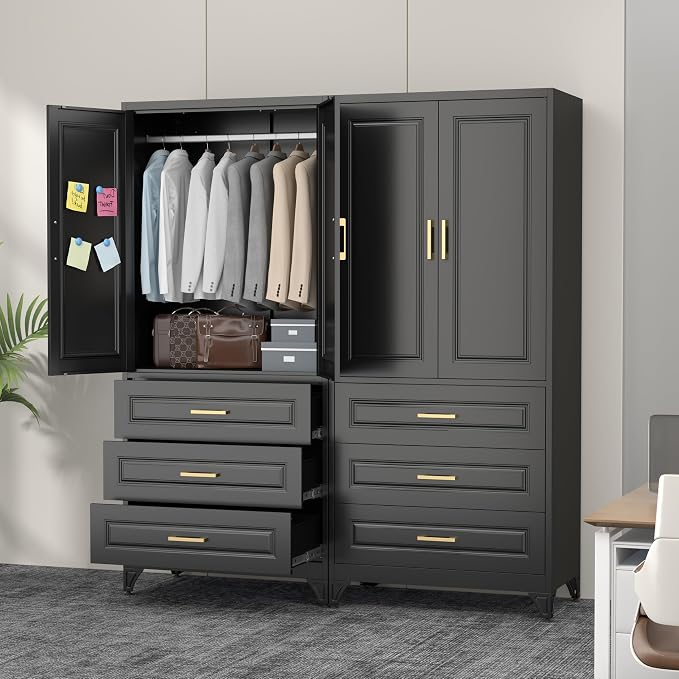 Polup 71" Black Metal Armoire Wardrobe Closet with Doors and 3 Drawers | Freestanding Heavy Duty Steel Clothing Storage Cabinet, Hanging Rod, 180lbs Adjustable Shelves, for Office, Bedroom & Garage