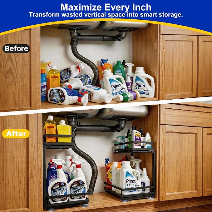 2-Tier Under Sink Organizer, Metal Pull Out Shelf, Black | Carbon steel, ball-bearing pull-out, 6-level adjustable, no-drill setup, for under-sink pipes and bottles