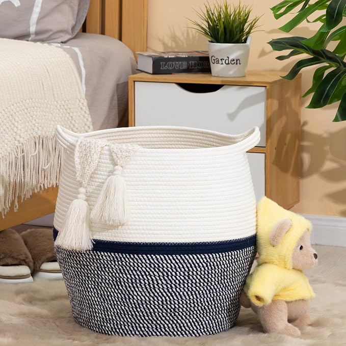 KAKAMAY Woven Baskets for Storage(17"x17"),Large Cotton Rope Basket Woven Baby Laundry Hamper,Collapsible Laundry Basket, Blanket Basket for Living Room,Nursery,Clothes, Toy chest(Navy Blue)