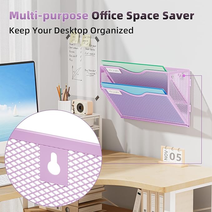 Marbrasse Wall File Holder 2-Tier Hanging Wall File Organizer, Mesh Mail Holder for Papers, Wall Mount File Clipboard & Magazine Organizer Great for Office Home - 2P(Purple)