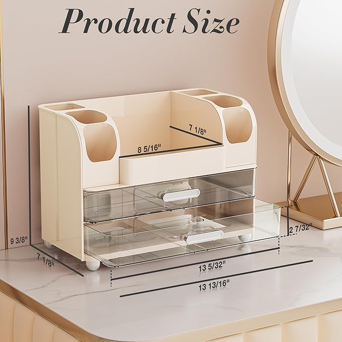 Delamu Large Makeup Organizer Countertop with 6 Brush Holders, Makeup Organizers for Vanity with 2 Large Drawers, Easy to Store Skincare, Lipsticks, Nail Polishes, Eyeshadow Palettes, Cream White