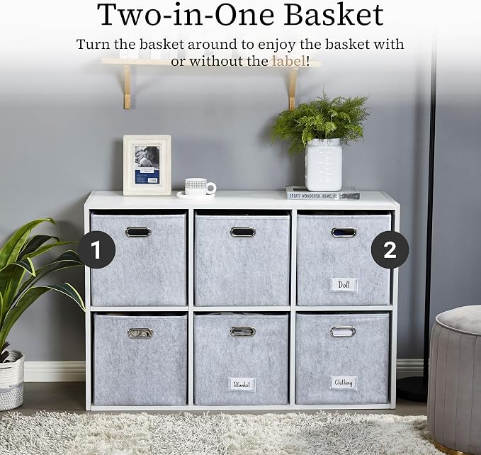 DECOMOMO Felt Storage Bins, 13 inch Cube Storage Bin with Labels | 4 Pack Storage Baskets for Shelves, Kallax ( Light Grey)