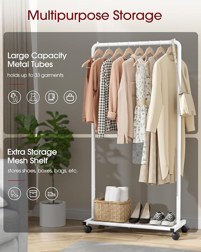 Sakugi Clothes Rack - Clothing Rack with Storage Mesh Shelf & Casters, Heavy-Duty Metal Clothing Rack for Hanging Clothes, Dresses, Coats, Large Load Capacity, Easy Assembly, White, 28.0"x16.9"x59.0"