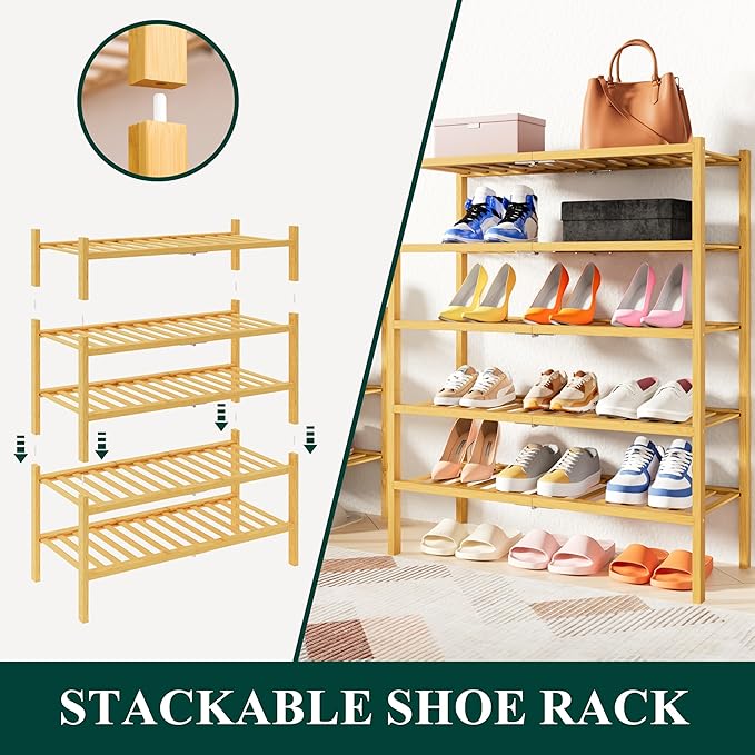 Smiry Bamboo Shoe Rack, 14 Vertical Slats, 4 Tier - 26.8" Wide, Natural | Stackable Free Standing Wooden Shoe Organizer, Wood Shoe Storage Shelf for Closet, Entryway, Thicher Leg