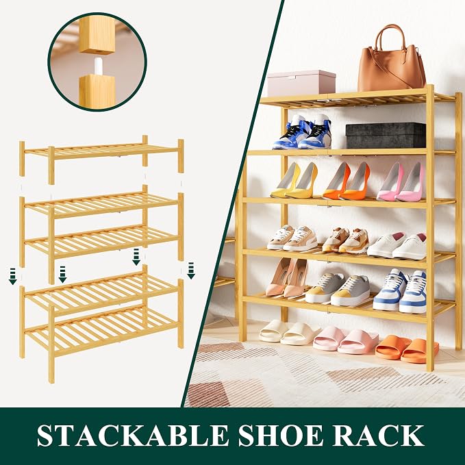 Smiry Bamboo Shoe Rack, 14 Vertical Slats, 4 Tier - 17.3" Wide, Natural | Stackable Free Standing Wooden Shoe Organizer, Wood Shoe Storage Shelf for Closet, Entryway, Thicher Leg
