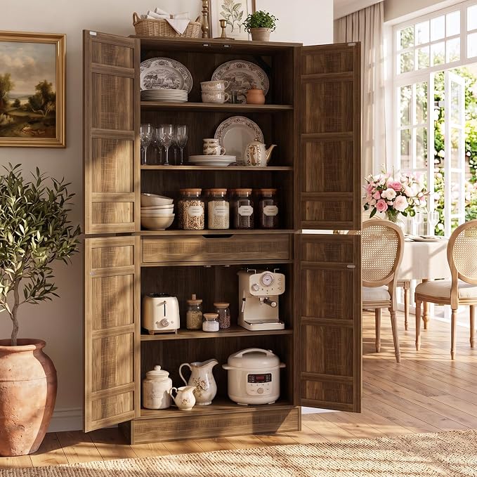 Unikito 71" Tall Kitchen Pantry Storage Cabinet with Built-in Drawer | 31.5" Wide Wood Farmhouse Storage Cabinet with Barn Doors and 3 Shelves, for Home Kitchen,Dining/Living/Laundry/Room