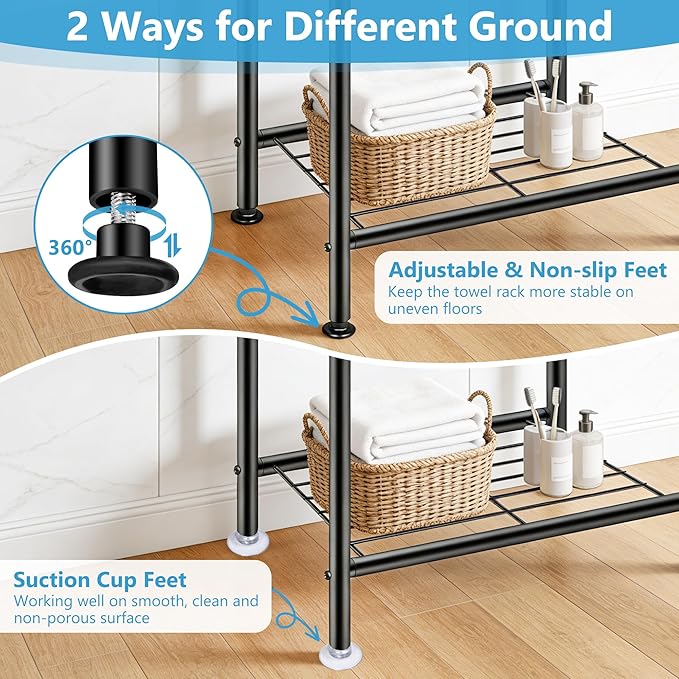 Standing Towel Rack, 3 Tier Towel Racks for Bathroom with Storage Shelf, Freestanding Metal Pool Blanket Holder Floor Towel Drying Rack Outdoor, Black