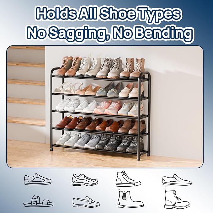 ENJOYBASICS 5 Tier Expandable Shoe Rack for Closet, Free Standing Metal Shoe Shelf Storage Organizer Holder 20 Pairs, Adjustable Width Shoe Rack for Entryway Small Space, Black