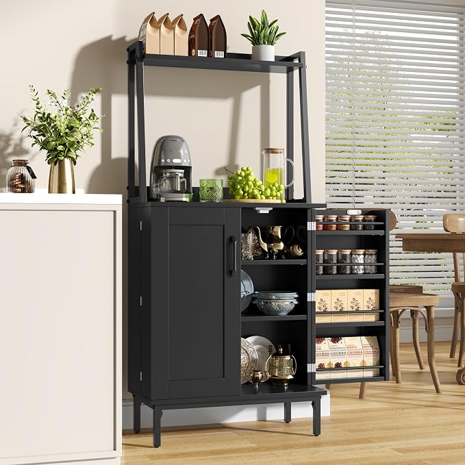 kepptory 51" Kitchen Baker's Rack with Storage, Microwave & Toaster Oven Stand, Freestanding Coffee Bar Station with Wine Glass Holder & Side Storage Shelves, Black