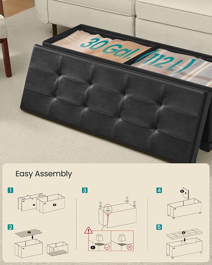 SONGMICS Storage Ottoman Bench with Legs, Folding Ottoman Foot Rest with Flipping Lid, Bench with Storage, for Living Room, Bedroom, Entryway, Linen-Look Fabric, 43.3 Inches, Ink Black ULSF079BH01