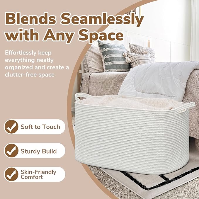Goodpick Large Cotton Rope Blanket Basket, Rectangle, White | 21.6 x 14.9 x 11.8 in, Reinforced Handles, Living Room, Bedroom & Nursery Organization, Blankets, Toys & Bedding Storage
