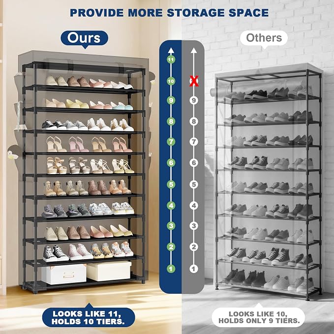 Mavivegue Shoe Rack with Cover, 10+1 Tier Tall Shoe Storage for 50-55 Pairs of Shoes, Shoe Organizer for Entryway, Closet, Garage, Grey