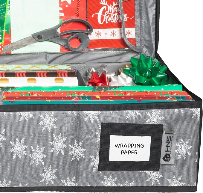 HOLDN’ STORAGE Premium Wrapping Paper Storage Container, Grey w/Snowflakes | Durable 600D Tear-Proof, Fits 27 Rolls Gift Wrap, Extra Pockets for Ribbons & Bows, Underbed Storage