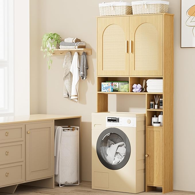 Homhedy Wooden Over The Toilet Storage Cabinet, Natural | Bathroom Organizer with Rattan Decorated Doors, Adjustable Shelves, Toilet Paper Holder, for Small Spaces