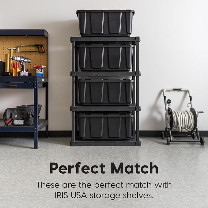 IRIS USA 4-Pack 27 Gal Heavy Duty Storage Tote Bins with Lids, Black | Large-capacity design handles moving, garage storage and bulky equipment, Stackable shape maximizes available space