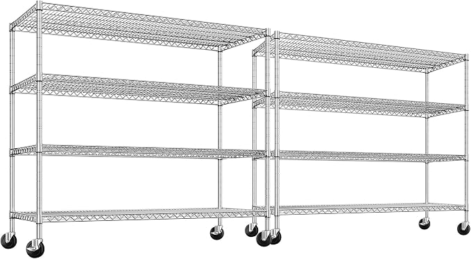 REIBII Set of 2 Storage Shelves Metal Shelving with Wheels,Adjustable Wire Shelving Rack 75.6" H Heavy Duty Garage Shelving Unit for Kitchen Pantry,Commercial Industrial Shelving for Garage 2PCS