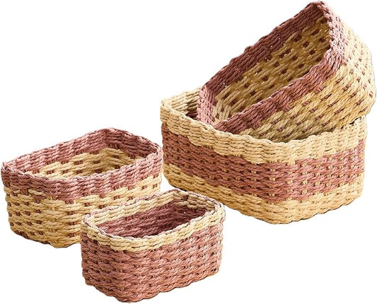 4PCS Woven Storage Baskets Set, Small Baskets for Organizing, Square Handwoven Paper Rope Organizer Bins for Shelves and Home Storage (Natural & Pink)