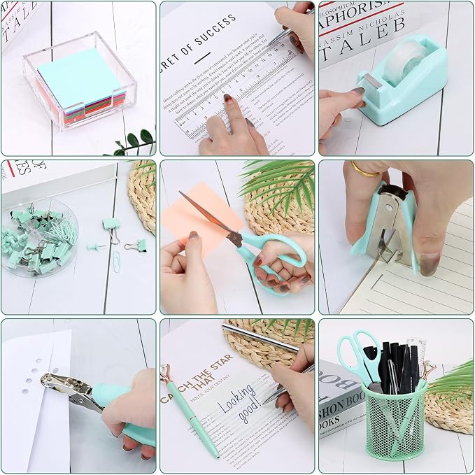 17 in 1 Green Desk Organizers and Accessories Set, 3 Office Desk Supplies Storage Organization, 4 Pens, Stapler, Staples & Remover, Tape & Dispenser, Scissors, Ruler, Clips, Hole Punch, Back to School