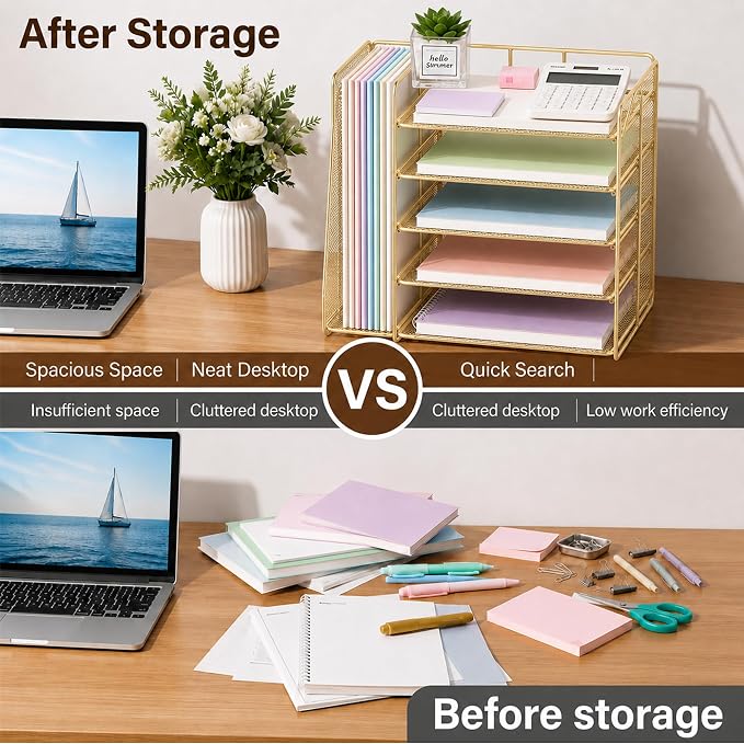 OPNICE Desk Organizer, 5-Tier Paper Organizer Letter Tray with Magazine Holder, Office Desk Accessories & Workspace Organizers, Desktop File Organizer for Office Supplies Storage, Gold