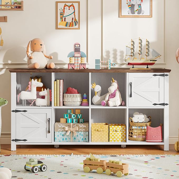 Vabches Wooden Toy Storage Organizer for Kids, Farmhouse Book & Toy Organizer with 6 Open Shelving & 2 Doors, 8-Cube Toy Shelf for Kids’ Room, Playroom & Classroom, White and Brown