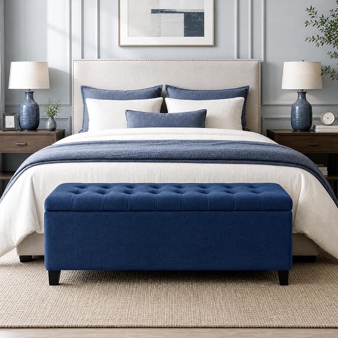 Madison Park 49" Upholstered Storage Bench, Button Tufted End of Bed Bench with Storage, Dual Spring Soft-Close Lid, Bedroom Bench for Queen King Bed, Entryway Living Room, Navy