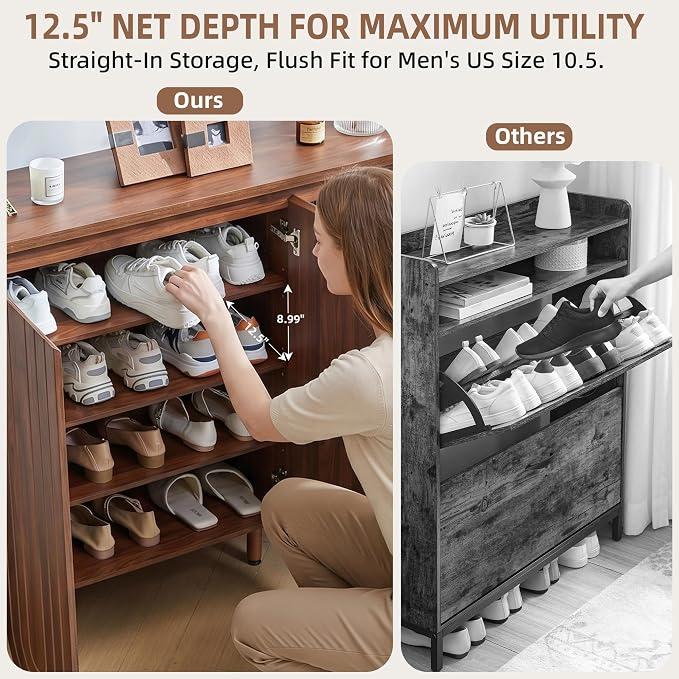 47" Large Shoe Cabinet for Entryway, Shoe Storage Cabinet with Adjustable Shelves, Mid-Century Modern Wooden Shoe Organizer with 3 Arched Doors, Extra Deep Shoe Rack for Sneakers & Boots (Walnut)