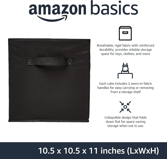 Amazon Basics Collapsible Fabric Storage Bins Organizer with Handles, Sturdy, Foldable, 10.5" x 10.5" x 11", Black, 6 Count (Pack of 5)