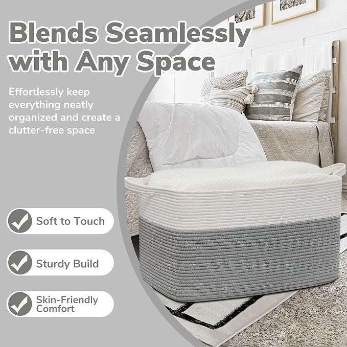 Goodpick Large Cotton Rope Toy Storage Basket, Rectangle, White Gray | 21.6 x 14.9 x 11.8 in, Reinforced Handles, Living Room, Nursery & Bedroom Organization, Toys, Blankets & Clothes Storage