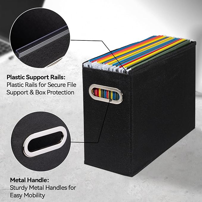 4 Pack Letter Size File Storage Box Collapsible, Fabric Hanging File Folders Organizer, Portable Office Document Holder with Metal Handle, Smooth PVC Rails, Black