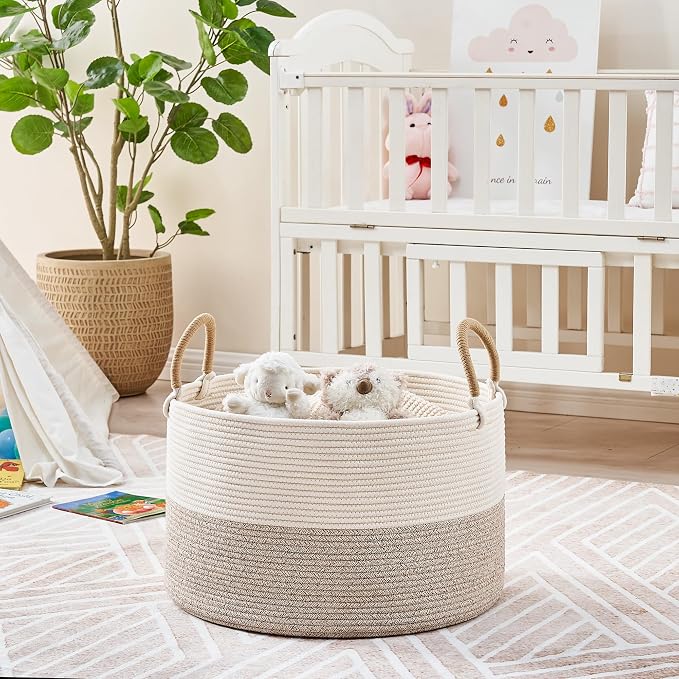 KAKAMAY Large Blanket Basket with Handles, Storage Basket for Living Room | Extra Large Capacity | Natural Cotton Rope | Blanket Storage | Woven Storage Basket | Stuffed Animal Storage | Laundry Basket