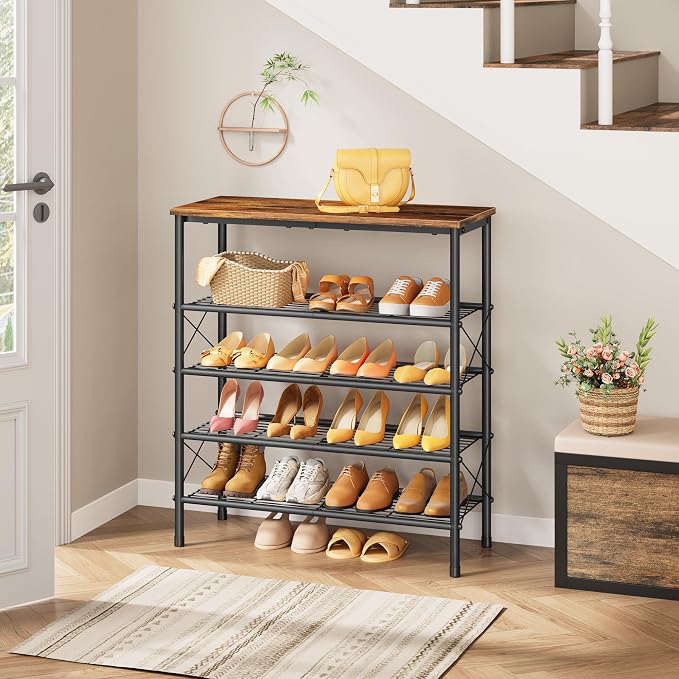 5 Tier Shoe Rack for 16-20 Pairs of Shoes, Rustic Brown & Black | Sturdy & Durable, X Shape Fixed Frame, Metal Mesh Shoe Shelf, Industrial, For Closet, For Entryway Shoe Storage