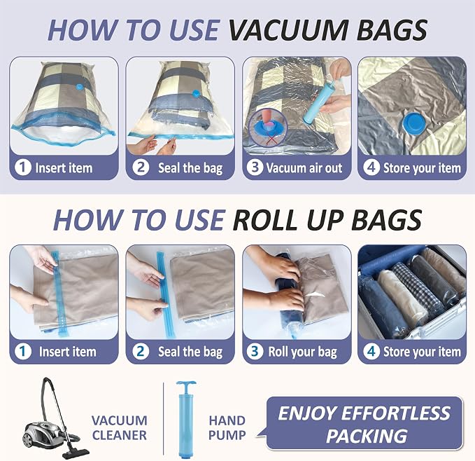 Cozy Essential Vacuum Storage Bags, 80% Compression Vacuum Seal Space Saver Plastic Packaging Bags for Clothes, Blankets, Pillow, Bedding, Comforters, Sealer Clothing Storage,25 Combo