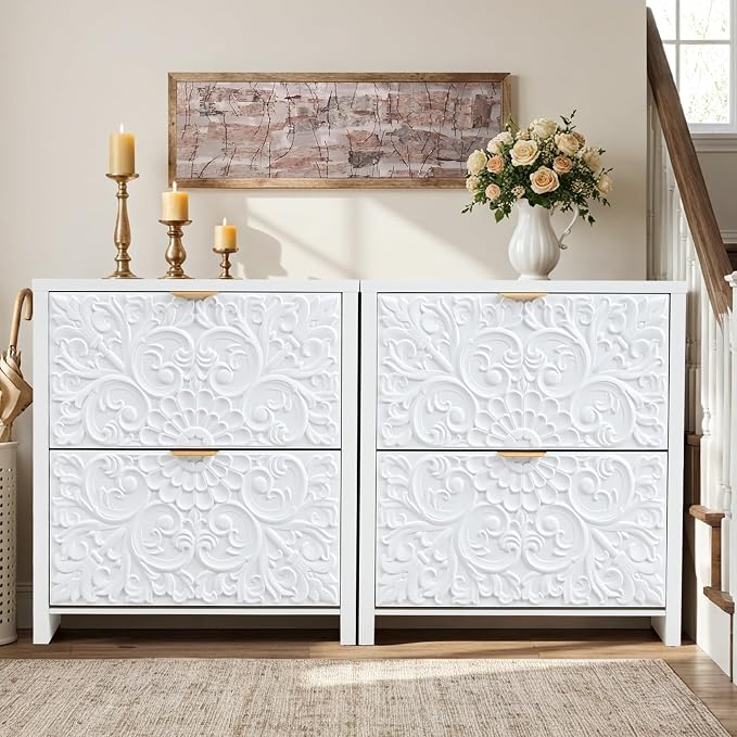 weselon Shoe Cabinet with Flip Drawers, Narrow Shoe Storage Cabinet, 2-Tier Hidden Shoe Organizer with Carved Floral for Entryway, Mid-Century Modern Slim Shoes Storage for Hallway Foyer (1, White)