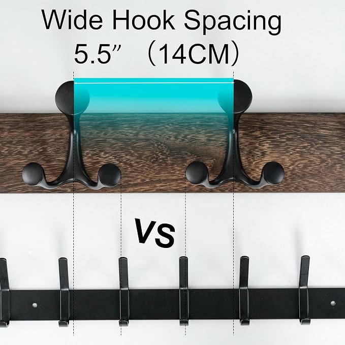 WEBI Coat Rack Wall Mount,43" Solid Wood Coat Hooks Wall Mounted Coat Hanger,16" Hole to Hole,Heavy Duty Hook Rack Rail,8 Triple Hooks for Hanging Coats,Jacket,Clothes,Hat,Weathered Brown,2 Packs