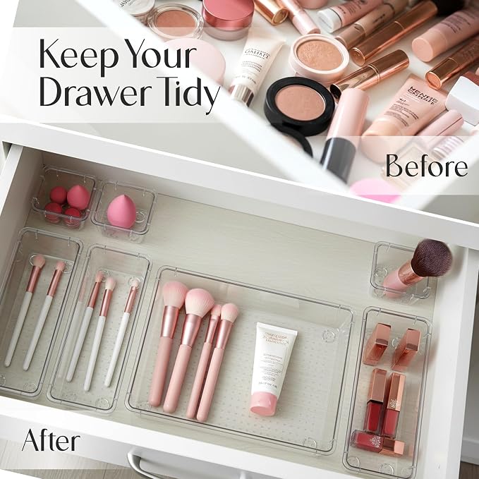 KICHLY 25-Piece Clear Drawer Organizer Set – Multi-Size Storage Trays | Bathroom, vanity, makeup, kitchen & office use | Caddy style | Desk organizer set