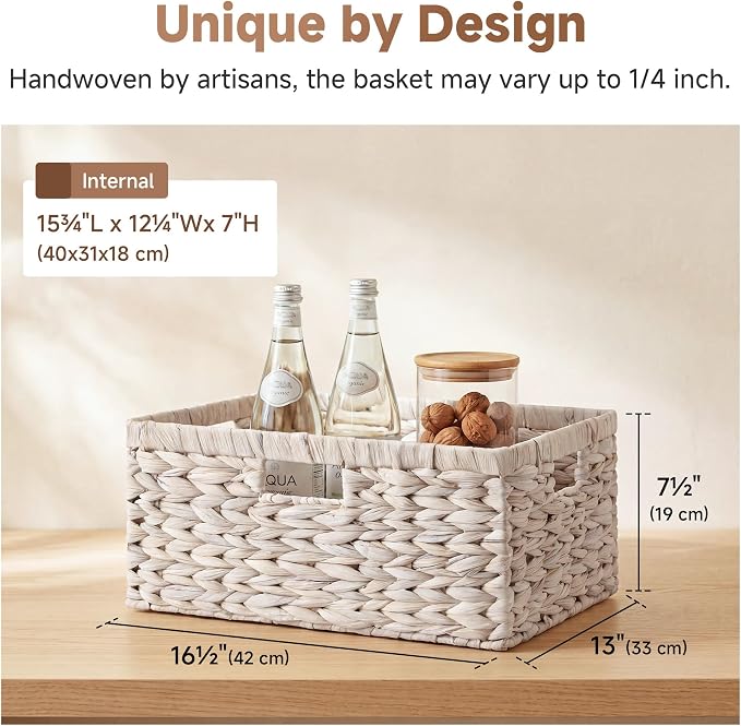 StorageWorks Extra Large Wicker Baskets for Storage, Water Hyacinth Storage Baskets for Shelves, Decorative Basket, White, 16½" x 13" x 7½", 1-Pack