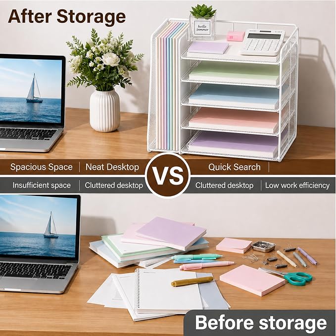 OPNICE Desk Organizer, 5-Tier Paper Organizer Letter Tray with Magazine Holder, Office Desk Accessories & Workspace Organizers, Desktop File Organizer for Office Supplies Storage, White