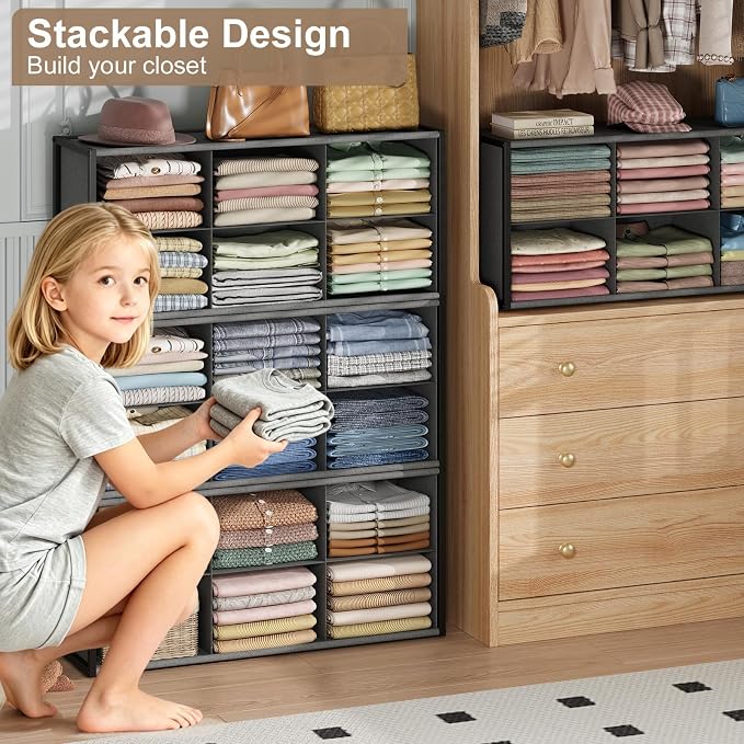 Hongtamoya Stackable Closet Organizer Shelf,6 Cube Bins Storage Basket for Clothes, Handbags Sweaters Jeans Pants Shirt, Space Saving Closet Organizer for Bedroom Wardobe, Closet System-Grey