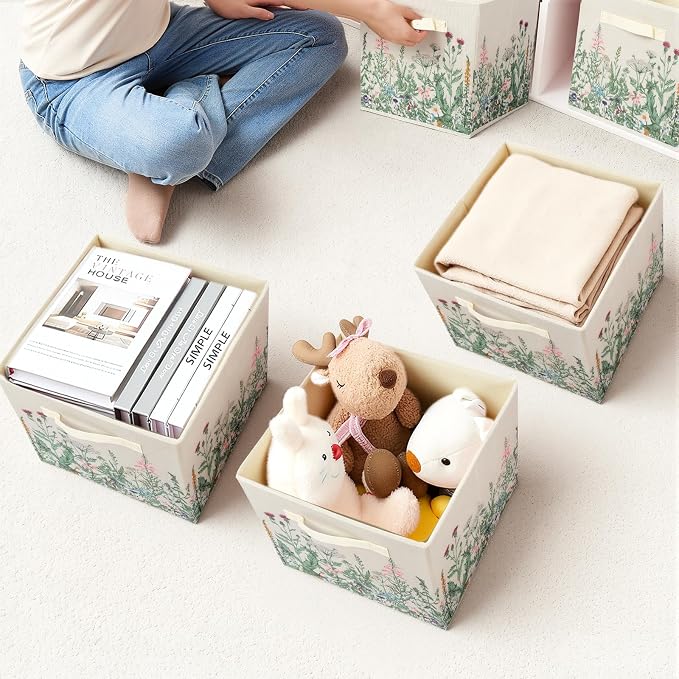 6 Pcs Wild Floral Cube Storage Bins 12.5 Inch Flower Storage Basket with Handle, Beige Collapsible Fabric Box for Classroom Bedrooms Office Home Decoration
