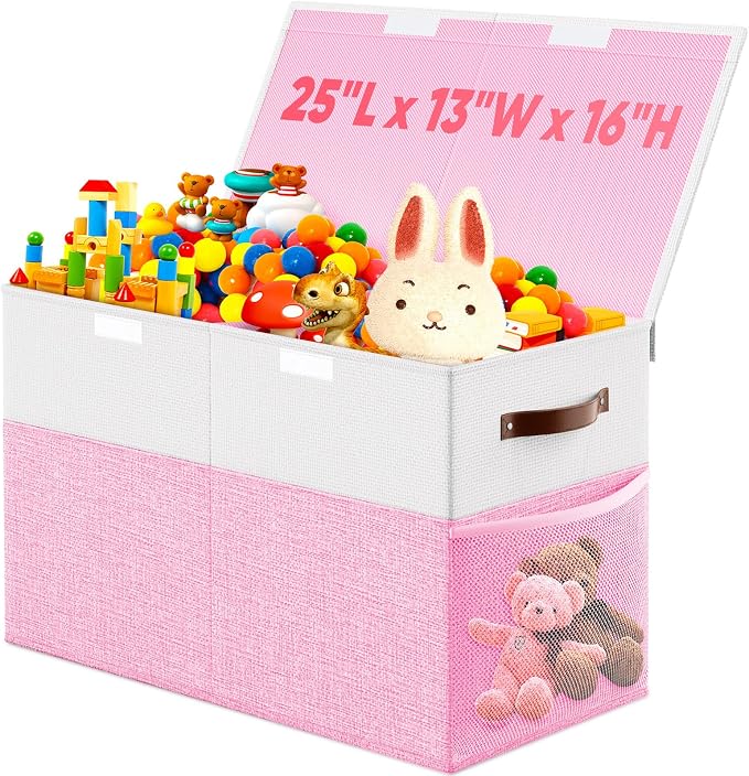 Large Toy Storage Box with Lid & Dividers, Kids Toy Chest, Pink and White | Toy Box for Boys, Girls, Nursery, Bedroom, Living Room, Playroom, 25 x 13 x 16 inches