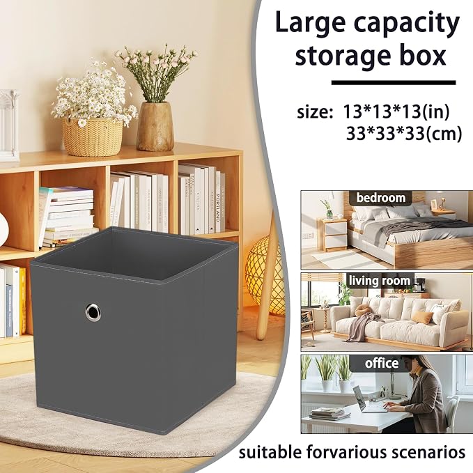 13 inch Record cube storage bins,collapsible fabric storage cubes Decorative storage basket,apply to clothes organizer box,shelves in closet,laundry,daycare centers,offices,6 Pack(Gray)