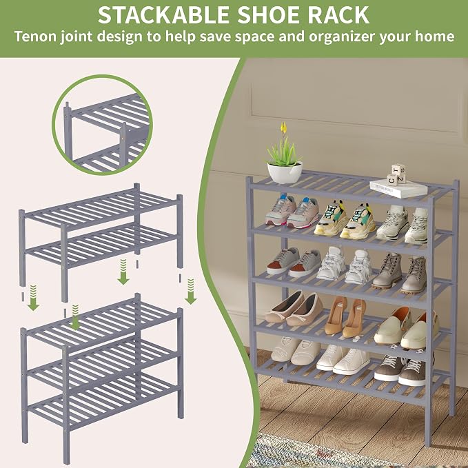 ROMGUAR CRAFT 3 Tier Bamboo Shoe Rack for Closet Free Standing Wood Shoe Shelf Storage Organizer for Entryway Small Space Stackable 27"x11"x20" (Grey)