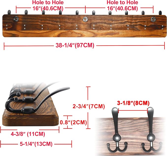 Coat Rack Wall - Heavy-Duty 38-1/4" Long, with Reinforced 10 Custom Tri-Hooks, Solid Wood Wall Hanger for Coats Hat Jackets - Rustic Farmhouse Entryway Storage, Natural & Black, Pack of 2